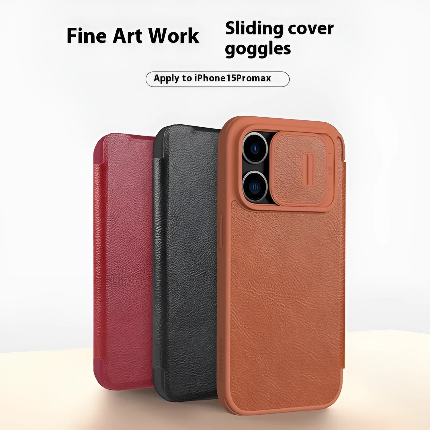 Black imitation leather flip phone case for iPhone Pro models shown open.