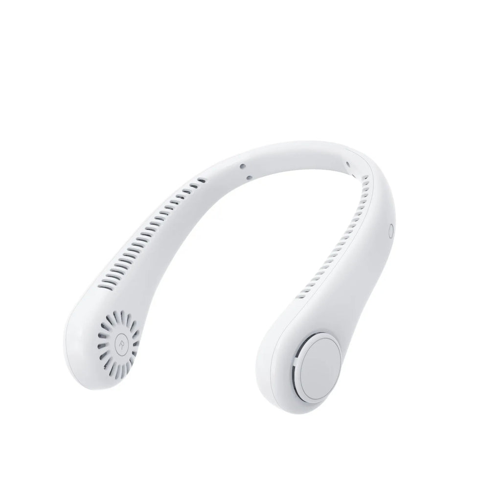 Rechargeable bladeless neck fan worn around neck showing decentralised air outlets