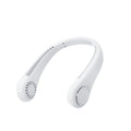 Rechargeable bladeless neck fan worn around neck showing decentralised air outlets