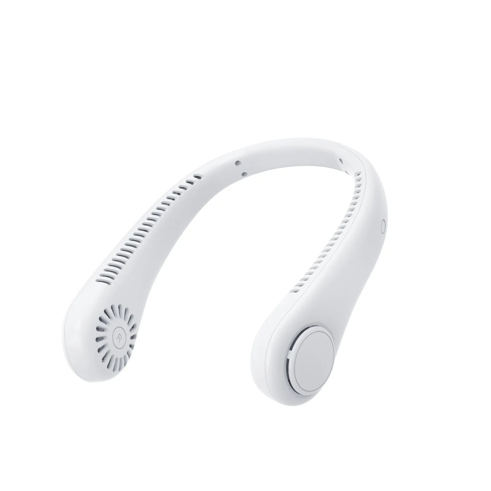 Rechargeable bladeless neck fan worn around neck showing decentralised air outlets