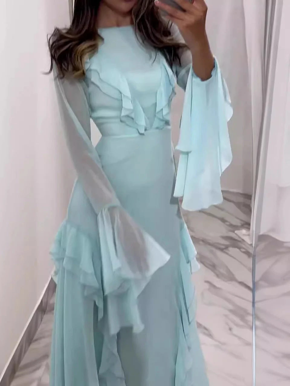 Round Neck Ruffled Long Sleeve Maxi Dress in blue and mint green, perfect for any occasion