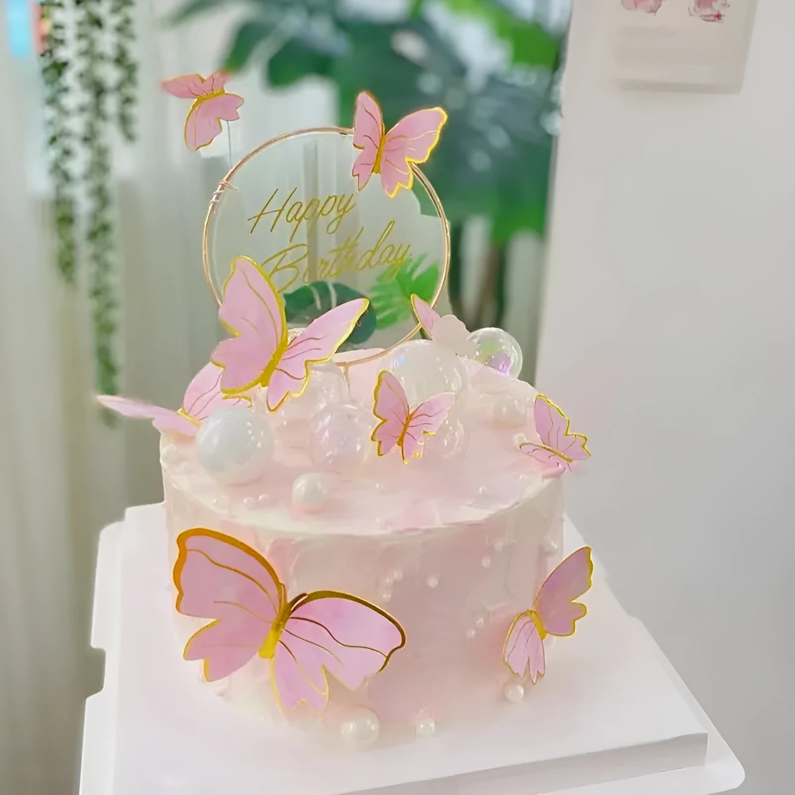 Acrylic happy birthday cake inserting card with plastic panel and wrought iron stem, butterfly pink colour