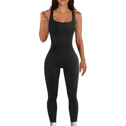 Women's black sleeveless vest bodysuit in one-piece design, polyester solid colour, sizes S-XXL