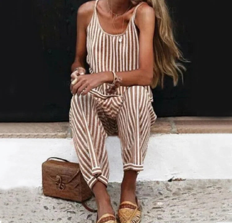 Women's striped bib jumpsuit with pockets, loose wide-leg summer fashion