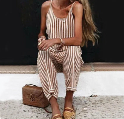 Women's striped bib jumpsuit with pockets, loose wide-leg summer fashion