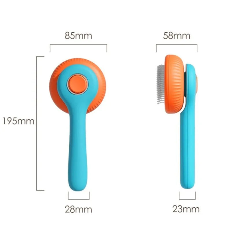 Blue and white self-cleaning pet grooming slicker brush for cats and dogs on a wooden surface.