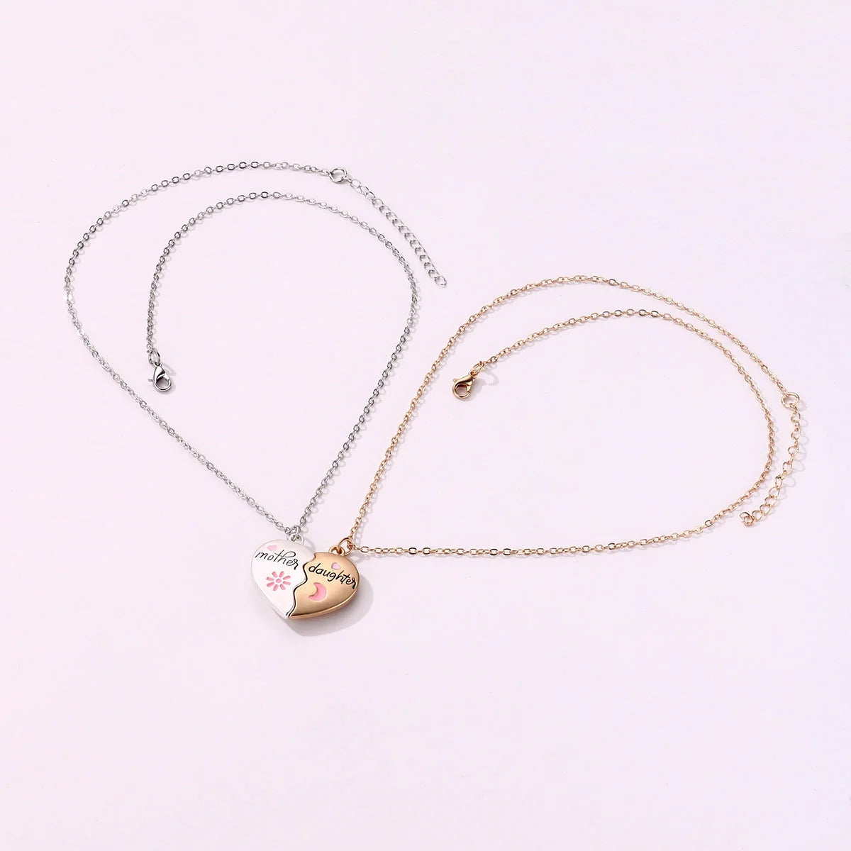 Mother daughter matching heart necklace set with gold plating and magnetic clasp