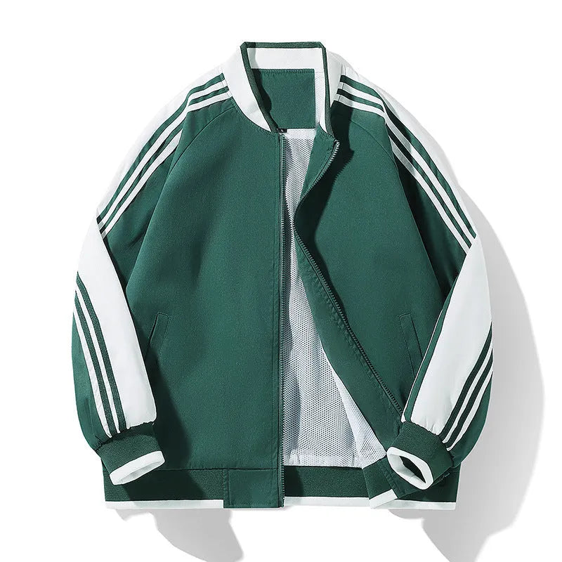 Men's plus size Korean style fitted stand collar long sleeve plain polyester casual jacket in green