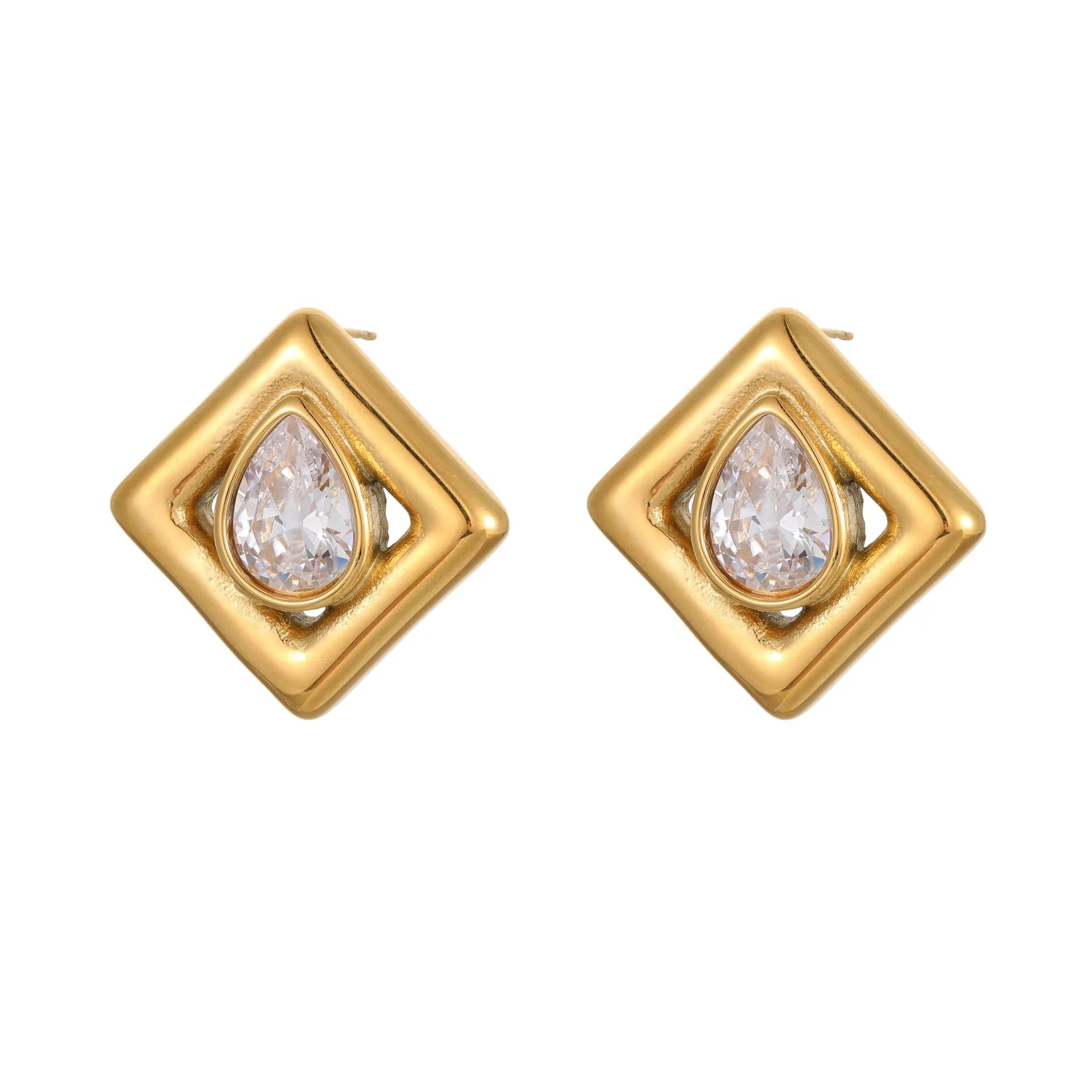 Gold geometric stud earrings with water drop zircon inlay on stainless steel