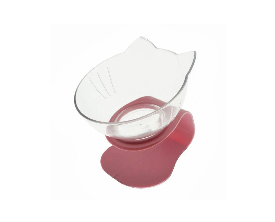 Cat Double Bowl with 15° tilt design for cervical support, transparent cat head and ears, food-grade plastic