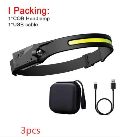 A hands-free LED headlamp with induction activation, wide-angle beam, and powerful illumination for outdoor adventures.