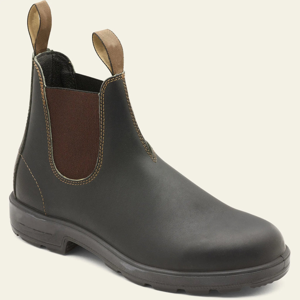 A pair of vintage-style brown unisex Chelsea boots with a round toe and low horseshoe heel.