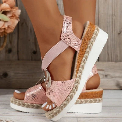 Women's Peep Toe Serpentine Wedges Sandals with unique circle design in various colours