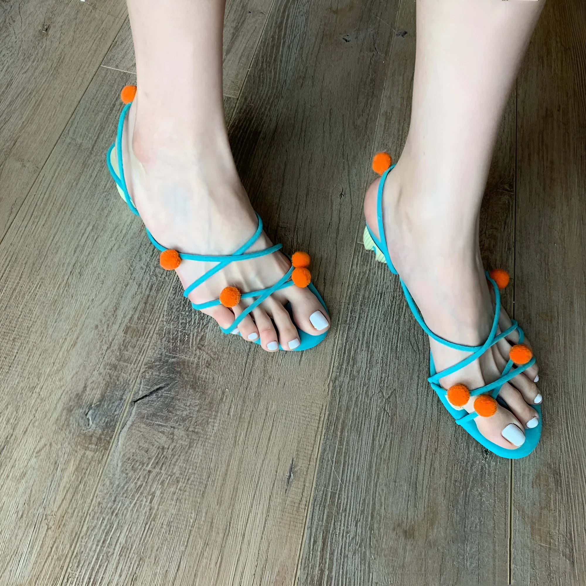 Cyan French genuine leather lace-up high-heeled sandals with niche ball detail and open toe