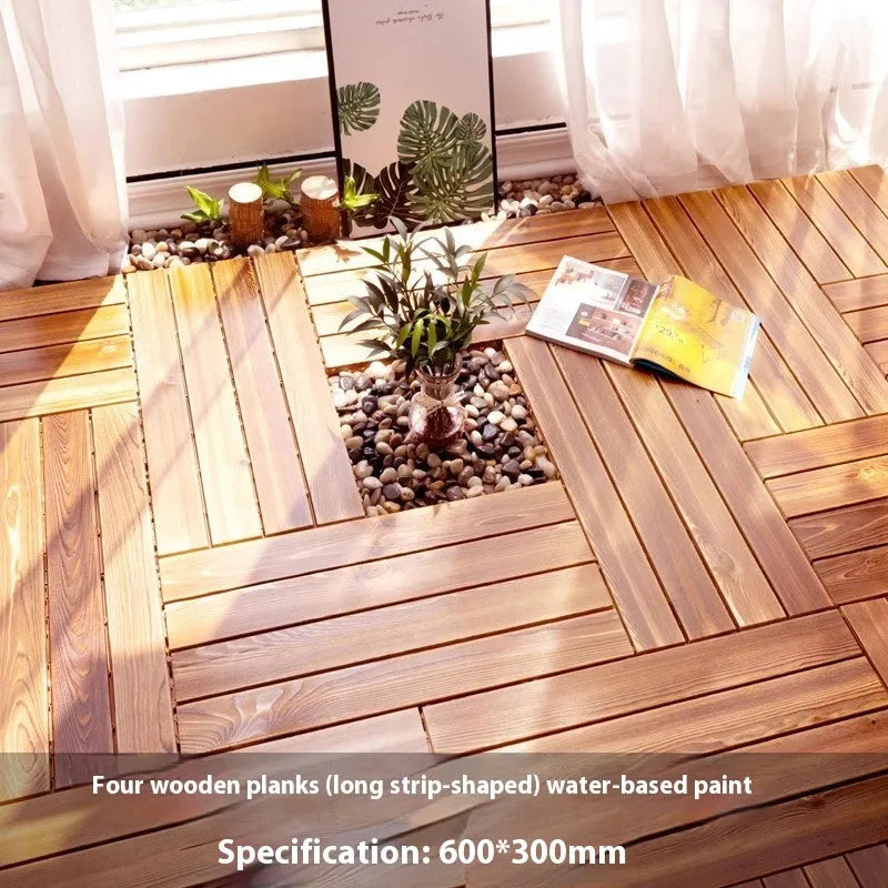 Four square pine wood floor tiles arranged together showing brushed surface texture