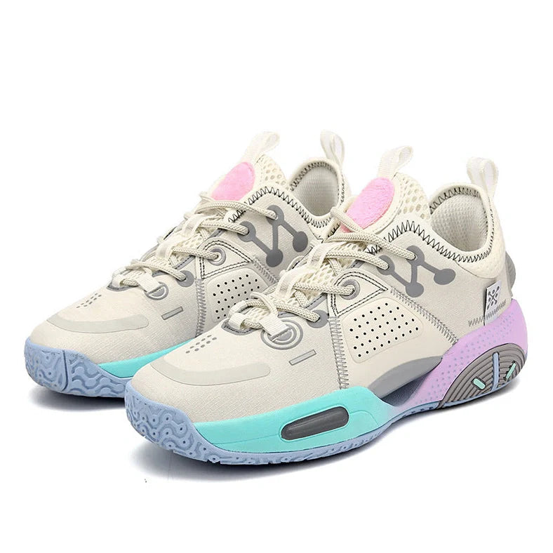 Cotton candy coloured basketball shoes with lace-up closure and rubber soles