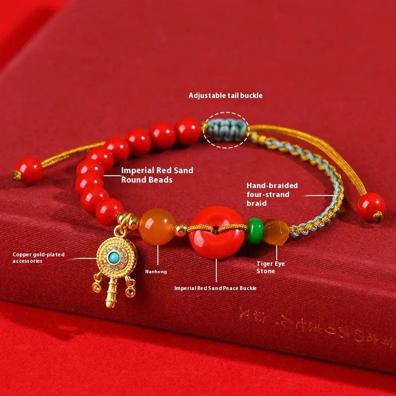 Emperor red sand cinnabar peace buckle bracelet with hand-woven geometric design