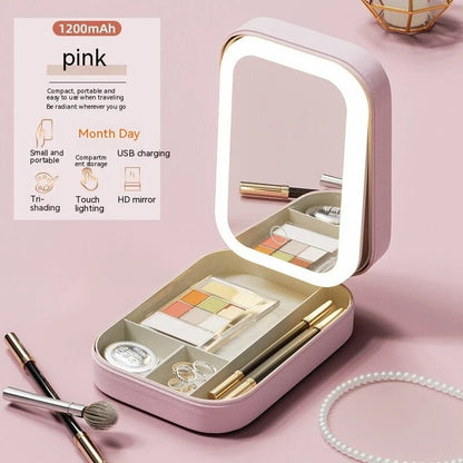 Illuminating makeup organizer with adjustable LED mirror, portable storage compartment, and compact, foldable design