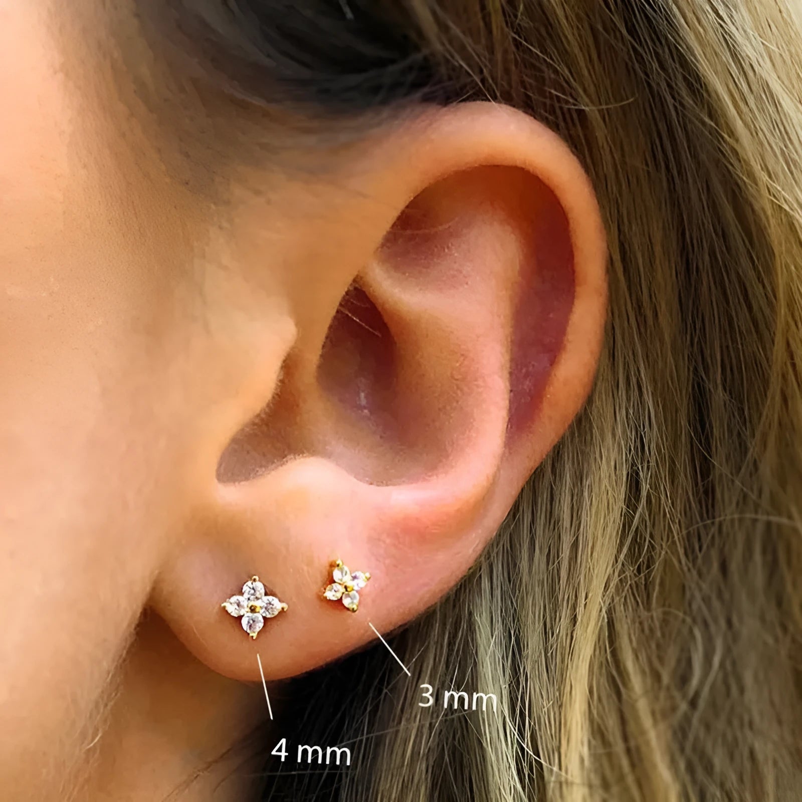 S925 sterling silver stud earrings with geometric crystal flower design in golden or platinum finish
