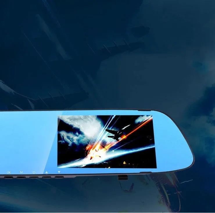 Rearview mirror recorder with 5-inch IPS screen showing HD reversing image and dual lens design