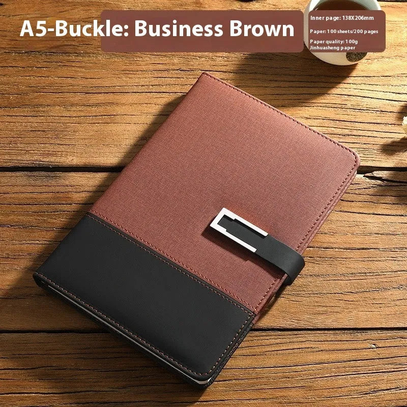 A5 soft PU leather business notebook in choice of five colours, shown with wood-free paper pages and optional gift box.