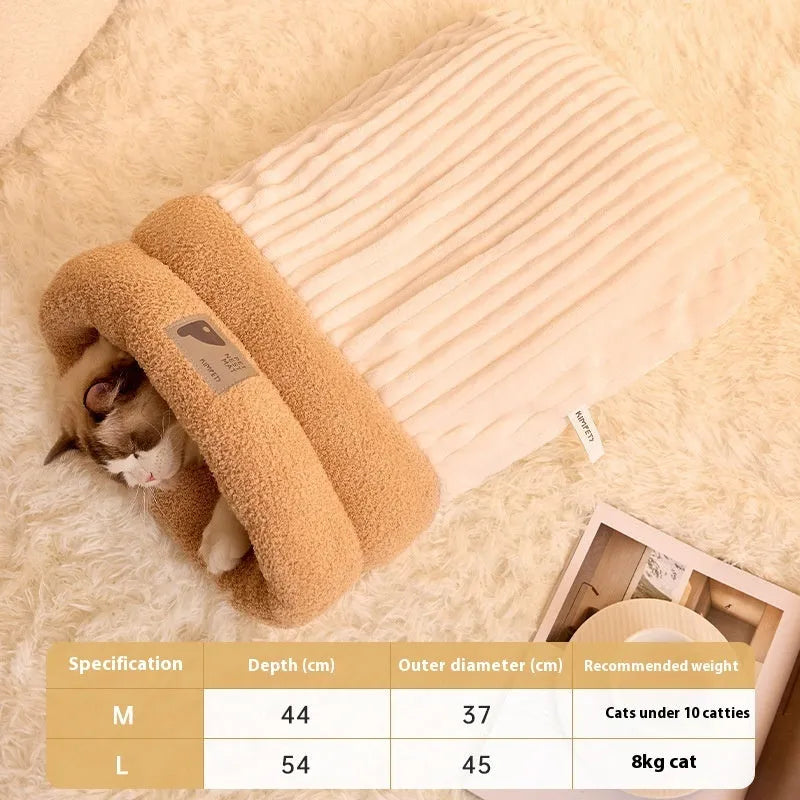 Brown semi-enclosed pet sleeping bag with lambswool insulation on wooden floor