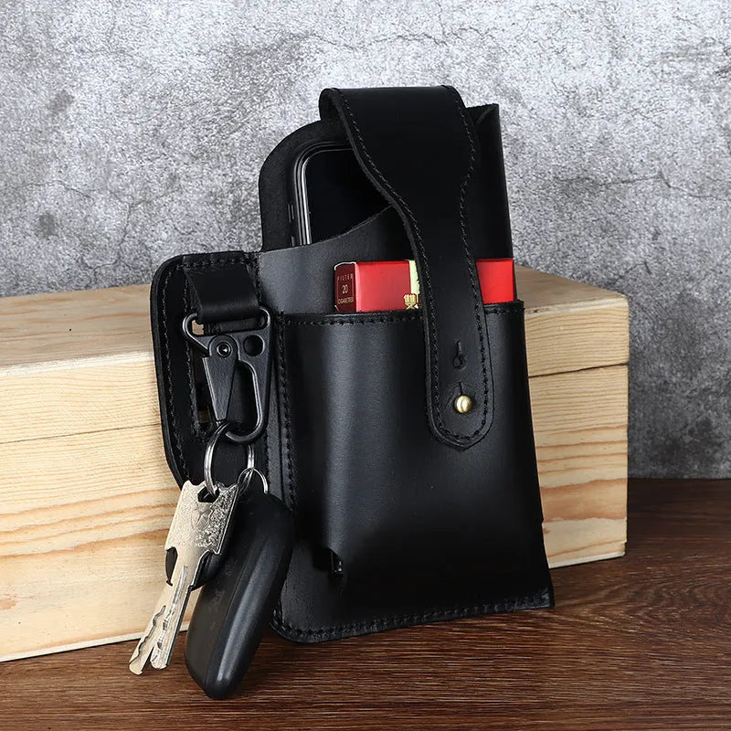 Men's black retro leather phone hanging belt bag with car suture detailing and cover-type opening