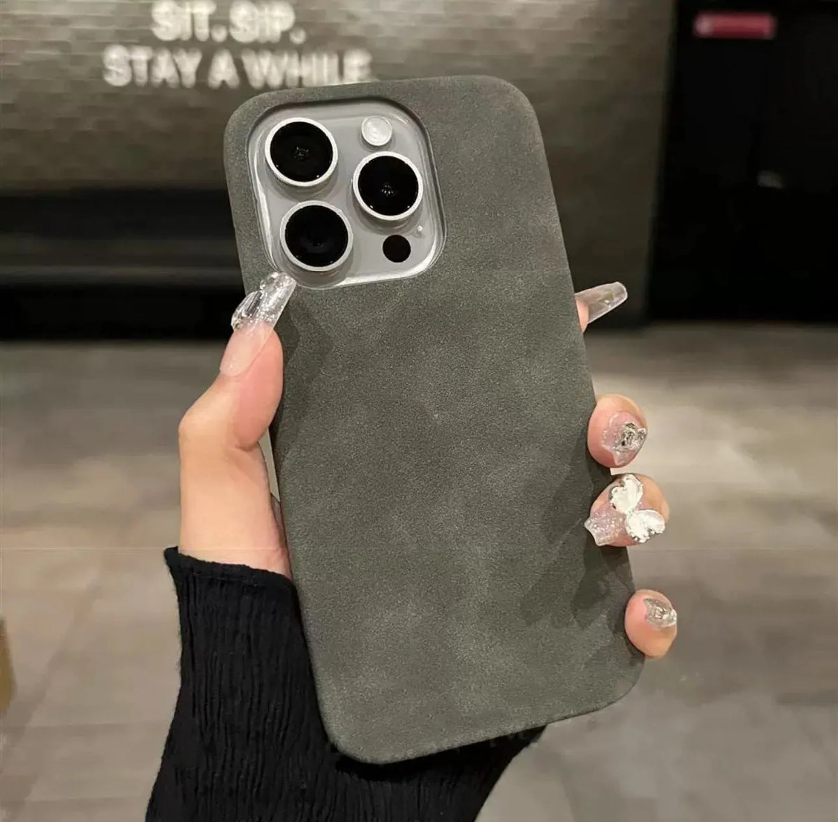 Frosted suede phone case for iPhone in solid colour showing rear cover with camera cutout