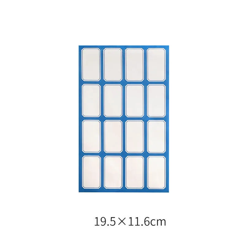 Handwritten label stickers showing 16-grid blue, 21-grid, and 24-grid adhesive designs for organisation