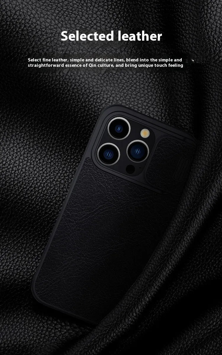 Black imitation leather flip phone case for iPhone Pro models shown open.