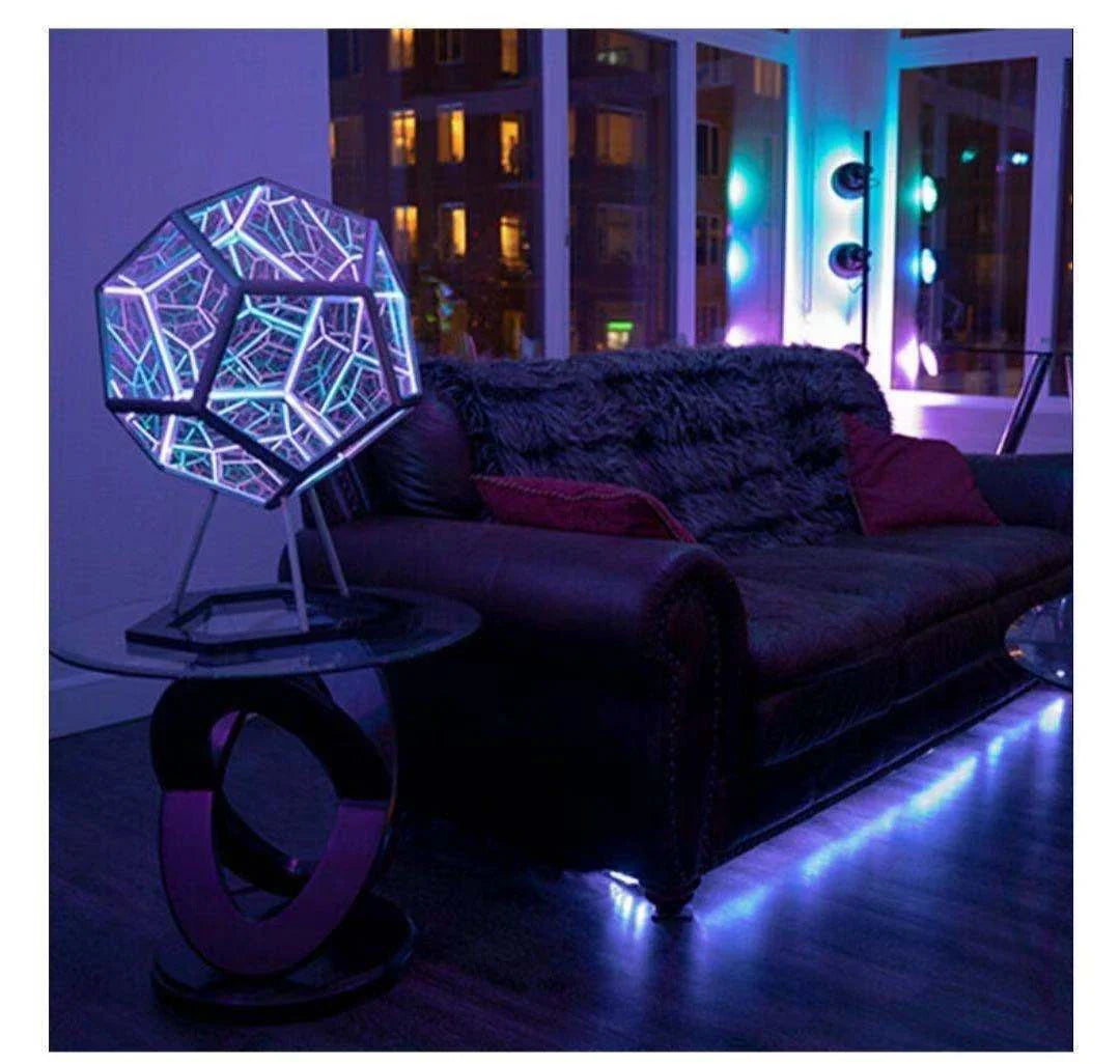 Geometric Dodecahedron Lamp with vibrant, colour-changing lighting capabilities