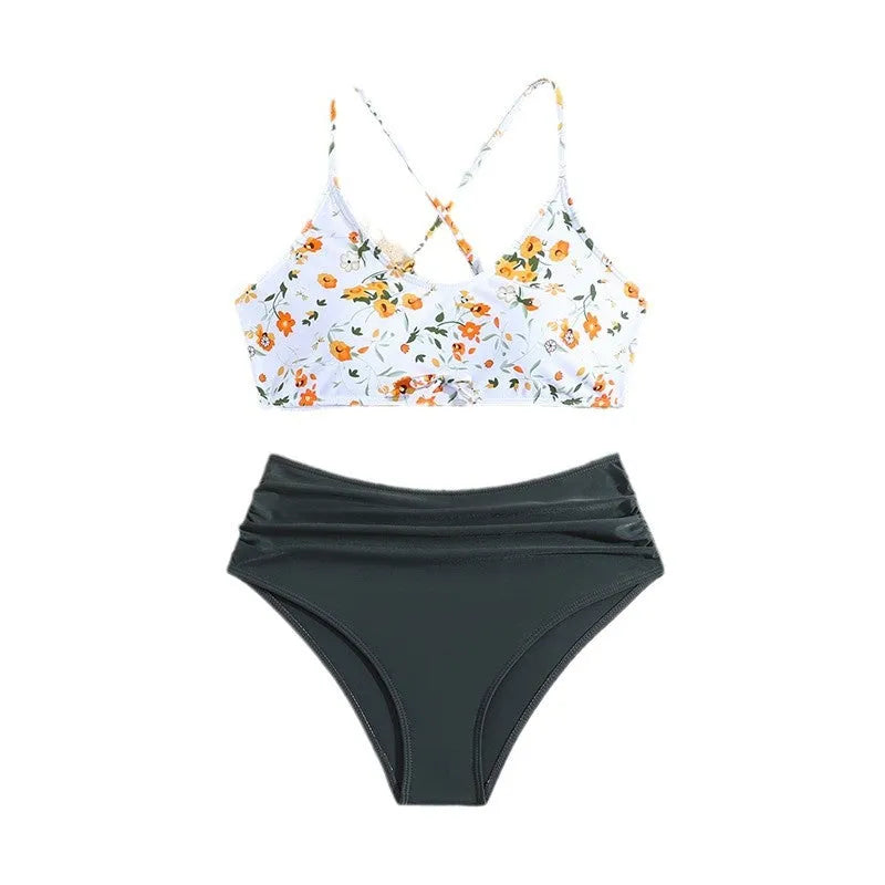 Girls floral print swimsuit set with top and briefs, white background, polyester spandex, sizes 13-16 years