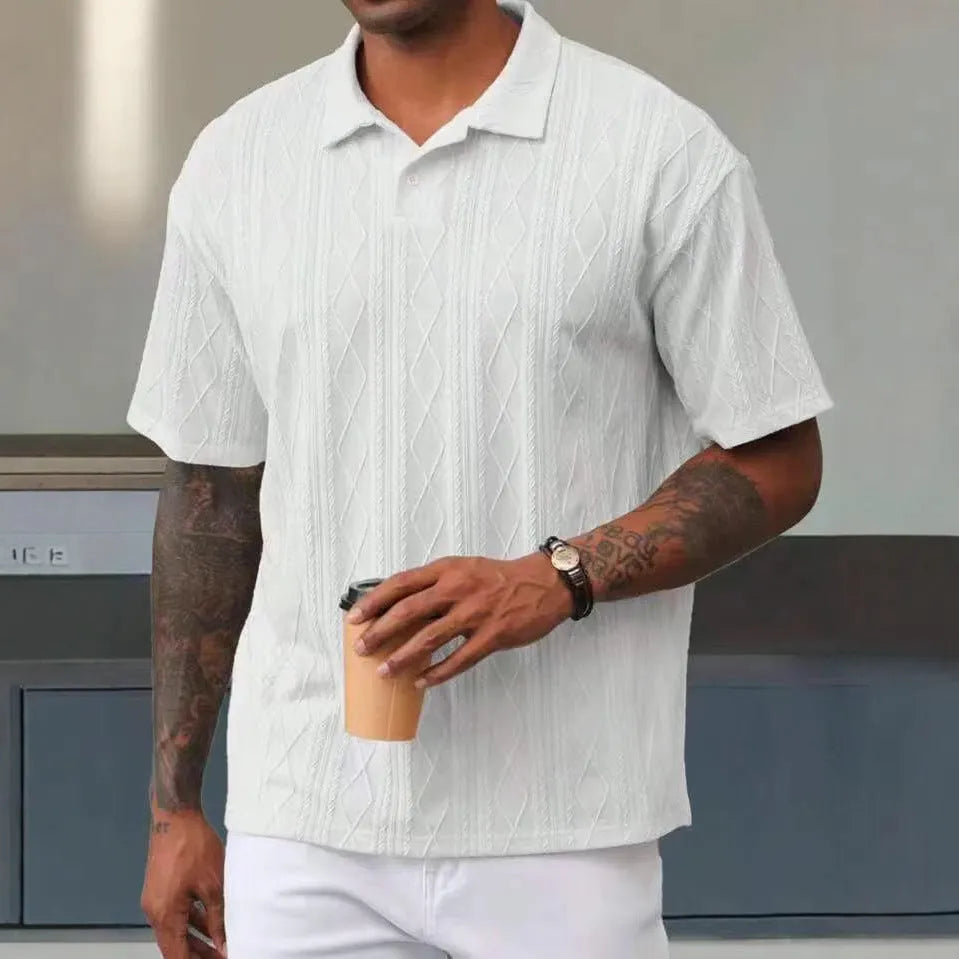 Retro button lapel short sleeve T-shirt in a cotton blend fabric, shown in a loose fit.
