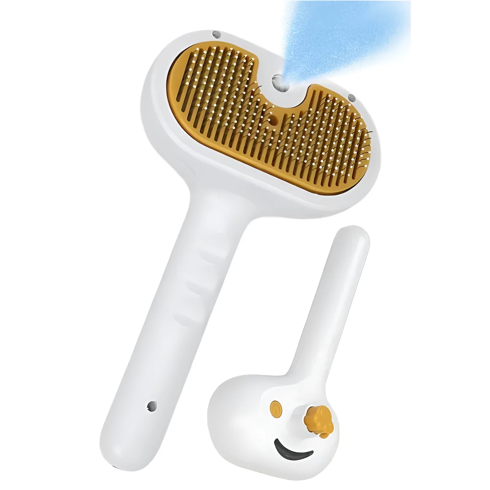 White pet grooming brush with steam spray function and self-cleaning mechanism for dogs and cats