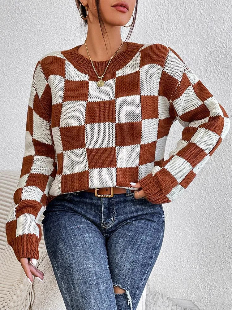 Dark brown plaid pattern acrylic loose pullover sweater with long sleeves and round neck.