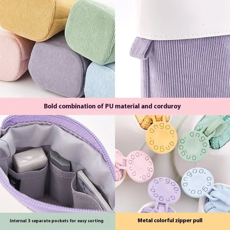 Drop-down telescopic stationery case in Korean style, shown in multiple PU corduroy colours.