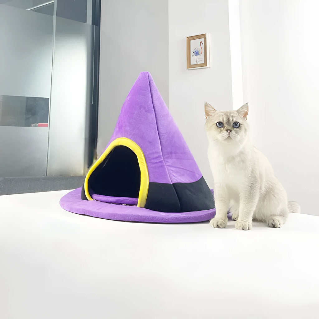 Purple Halloween witch hat shaped cloth cat nest bed measuring 60cm by 45cm