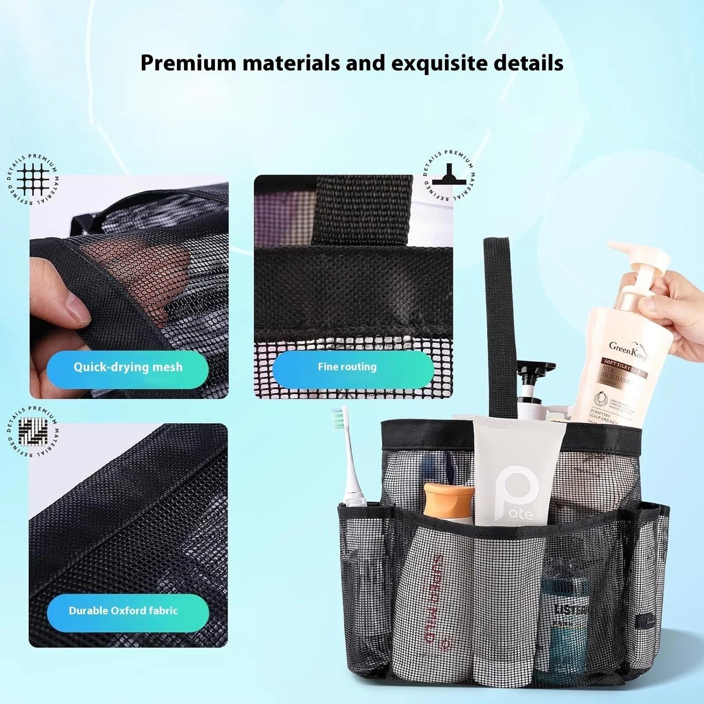 Black beach mesh toiletry bag with eight mesh pockets for organised storage