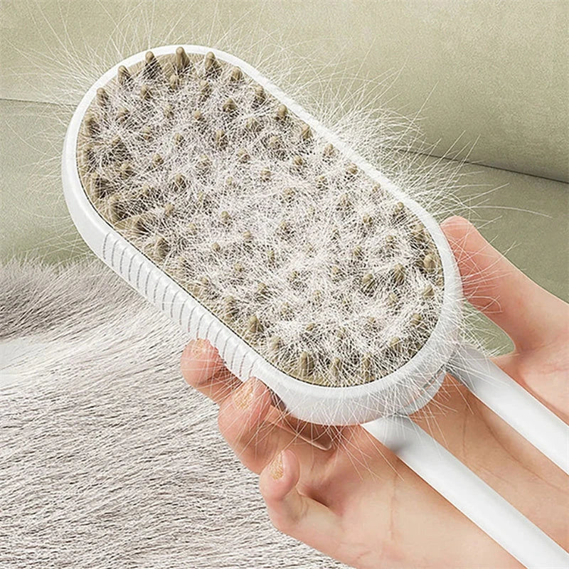 A 3-in-1 pet grooming brush with a steam spray function, designed to gently brush, massage, and moisturize your pet's coat.