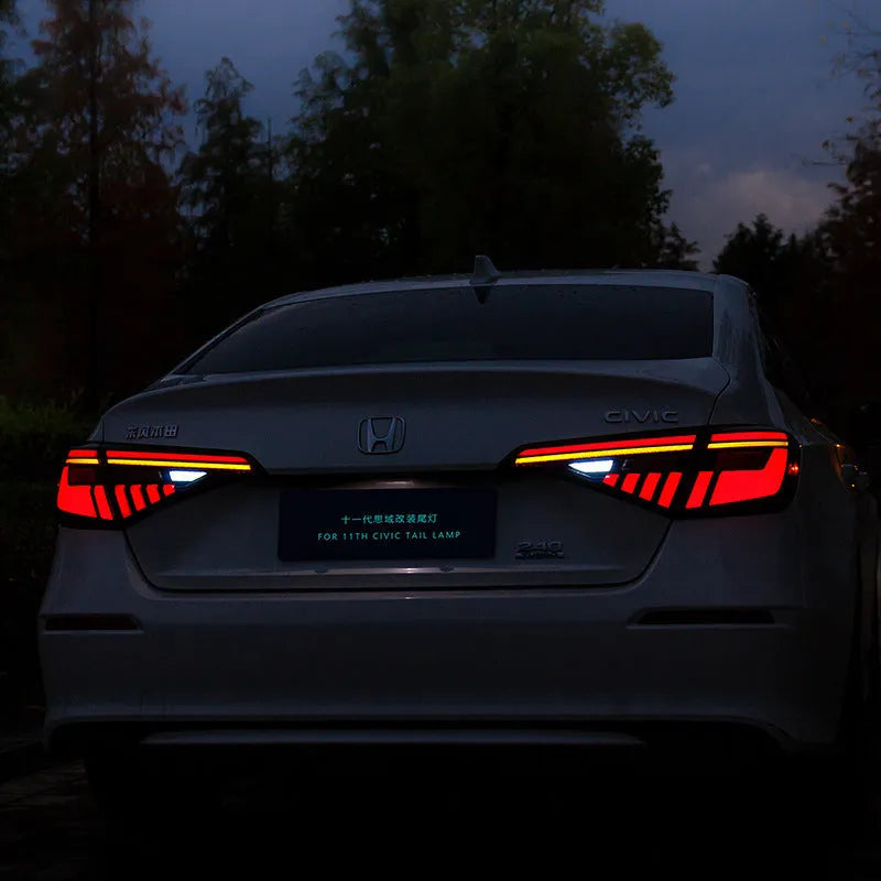 11th Generation Honda Civic modified LED tail light assembly with sequential turn signals in black housing