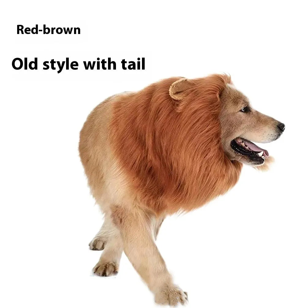 Brown dog wearing an adjustable lion mane wig costume with elastic band