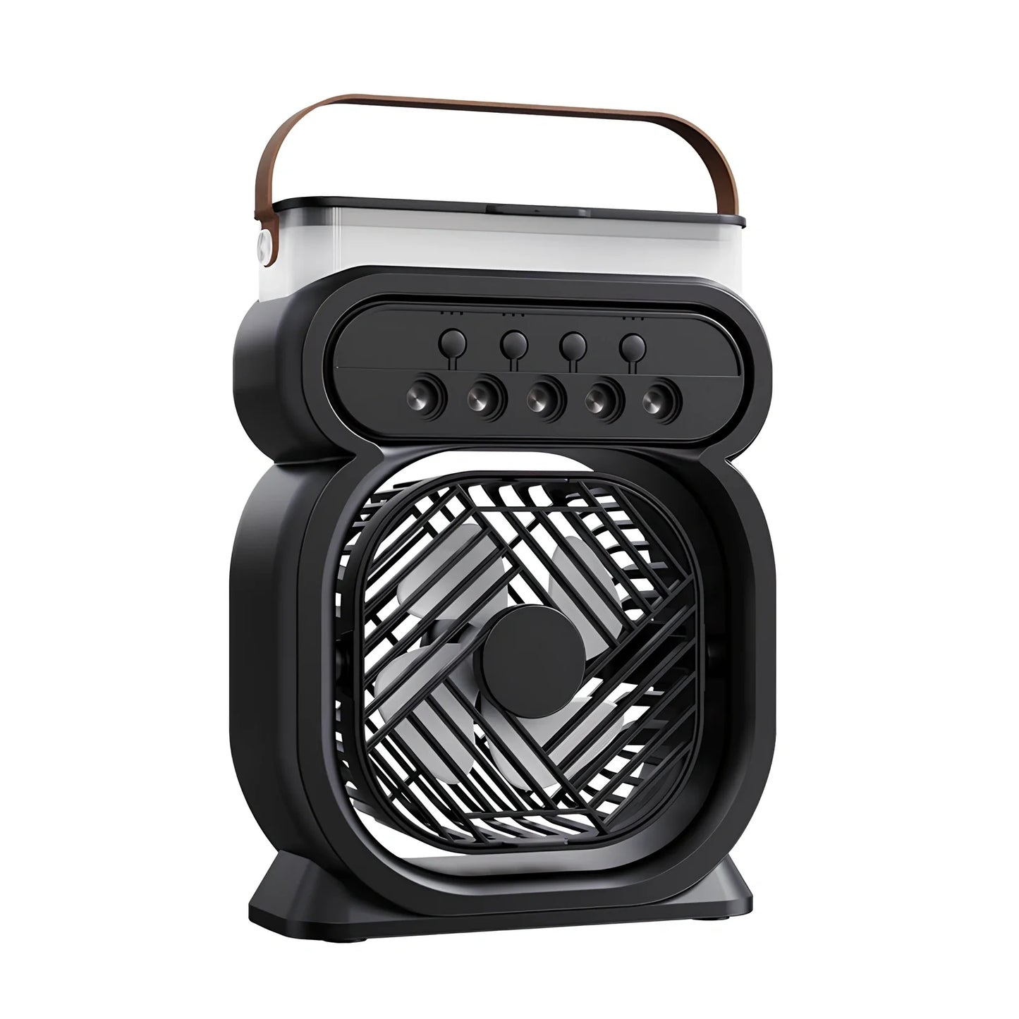 Black 3-in-1 portable USB air cooler with 7-colour LED lights, 170x75x240mm, showing water tank and speed controls