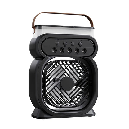 Black 3-in-1 portable USB air cooler with 7-colour LED lights, 170x75x240mm, showing water tank and speed controls