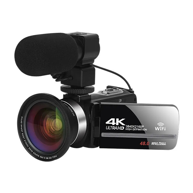 Black WIFI digital HD night vision camera with 3-inch LCD screen shown with USB cable and lens cover.