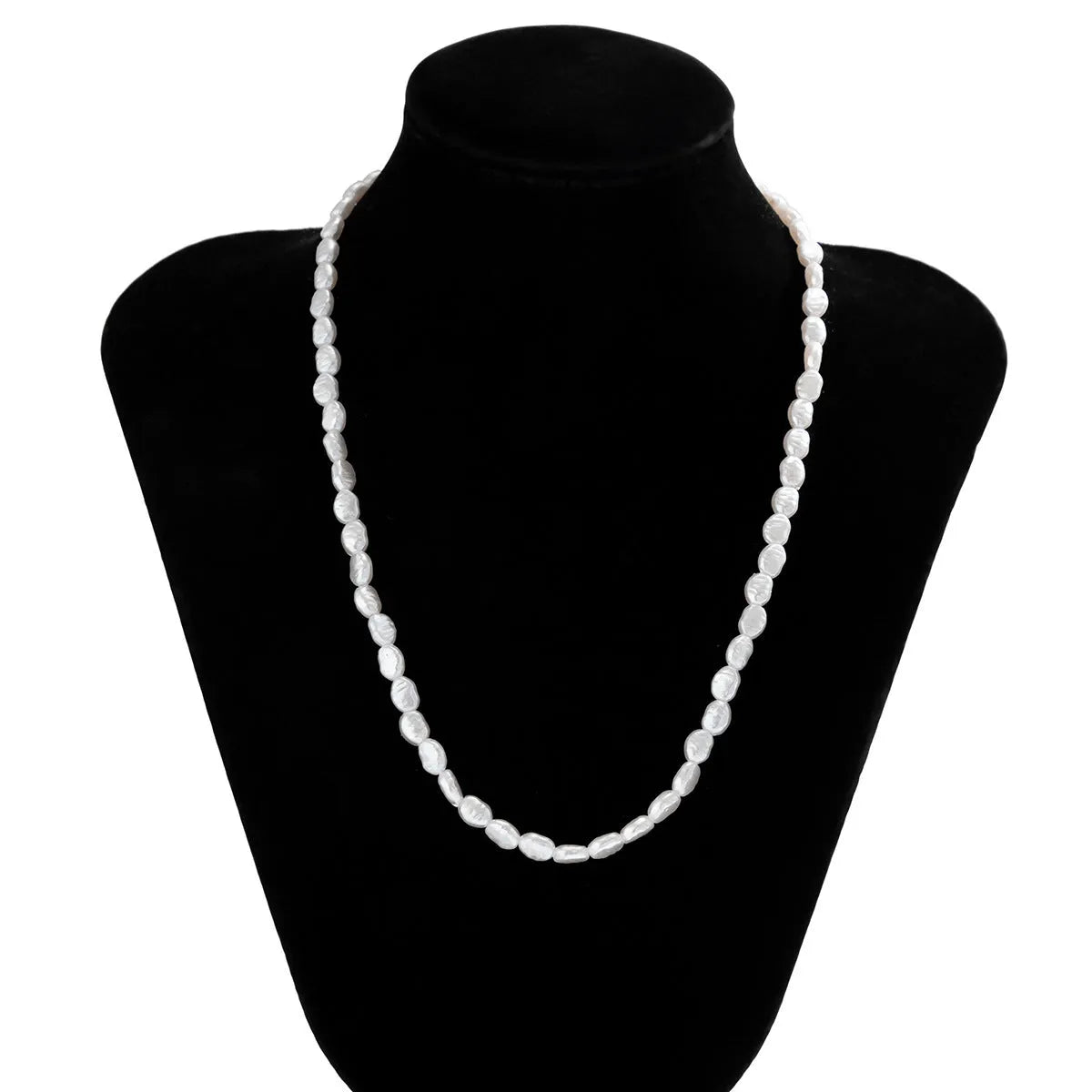 Men's white U-shaped pearl necklace with mother-of-pearl pendant on a pearl chain.