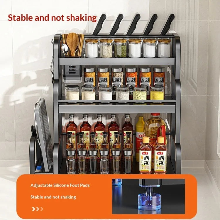Carbon steel kitchen floor storage rack with knife holder, chopsticks holder, cutting board holder, and six hooks in a modern style