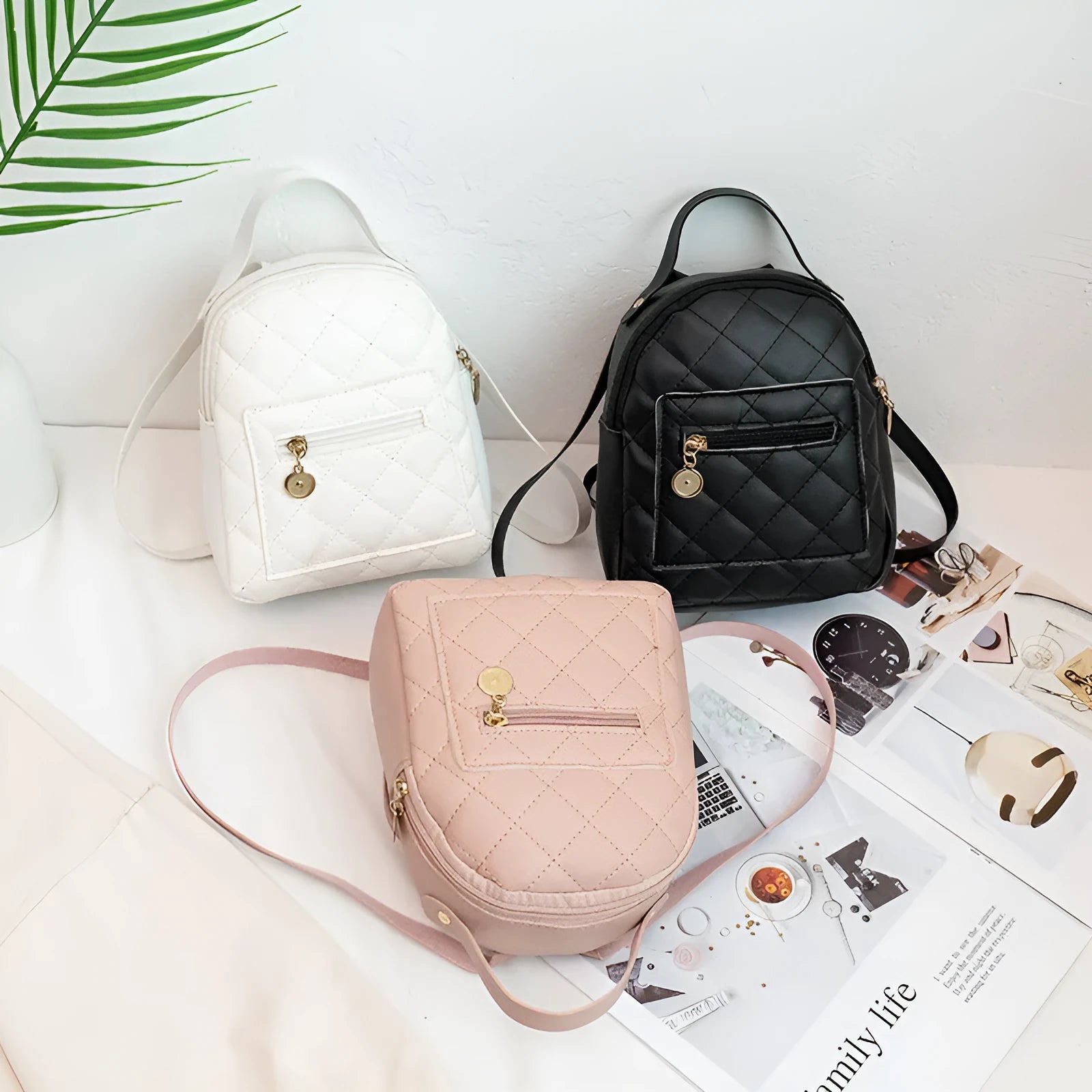 Girls' Korean style embroidery backpack in PU material with hard case construction measuring 16x7x19cm