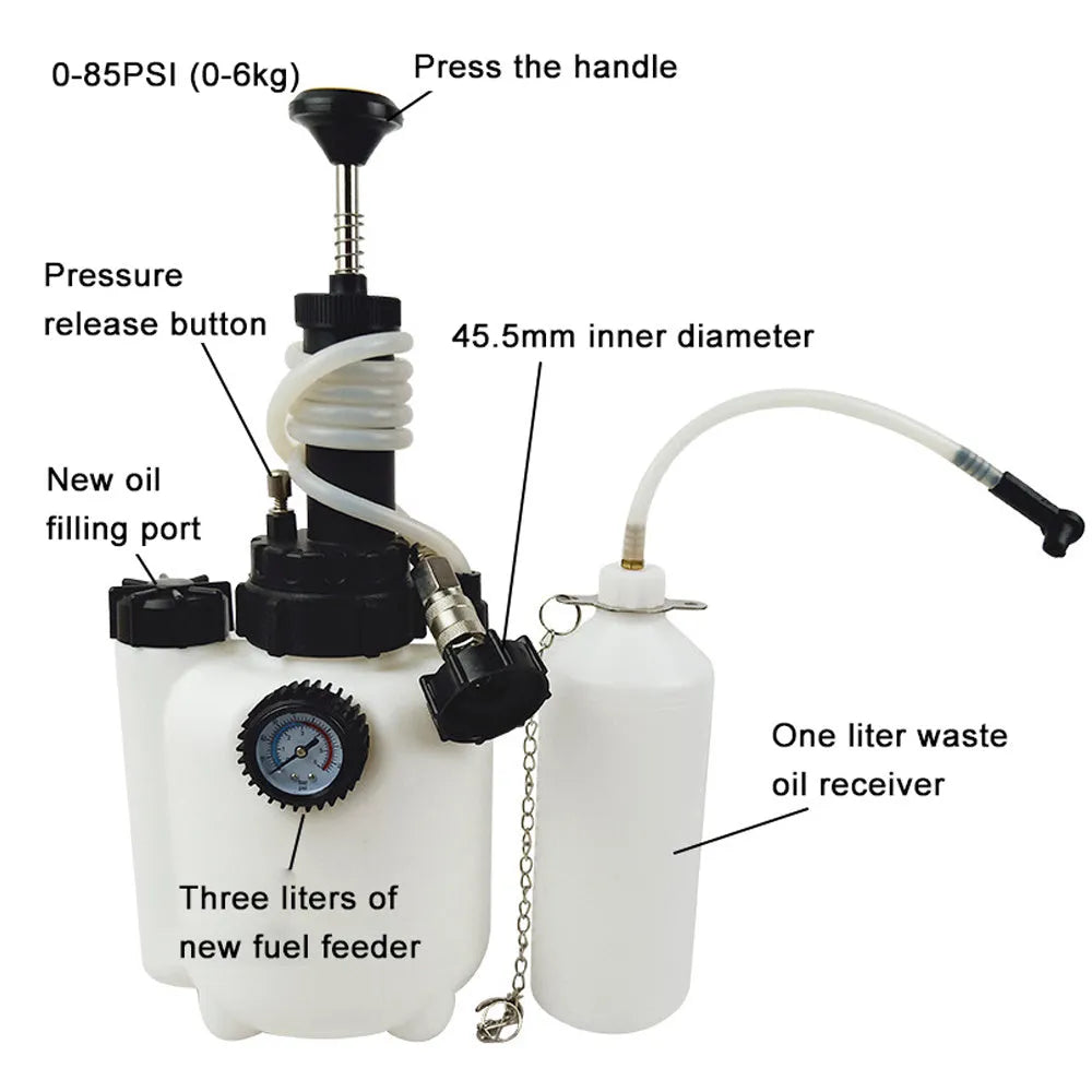White 3-litre automotive brake fluid tank and bleeding tool with copper and iron components.