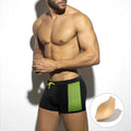 Men's polka dot print quick-drying swimming boxers in black, dark blue and yellow colour options