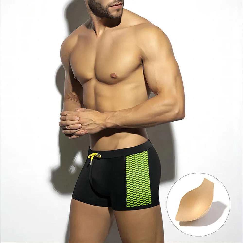 Men's polka dot print quick-drying swimming boxers in black, dark blue and yellow colour options